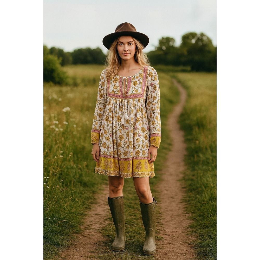 Boho Cottagecore Prairie Farm Western Yellow Pink Floral Ruffles Mini M Dress